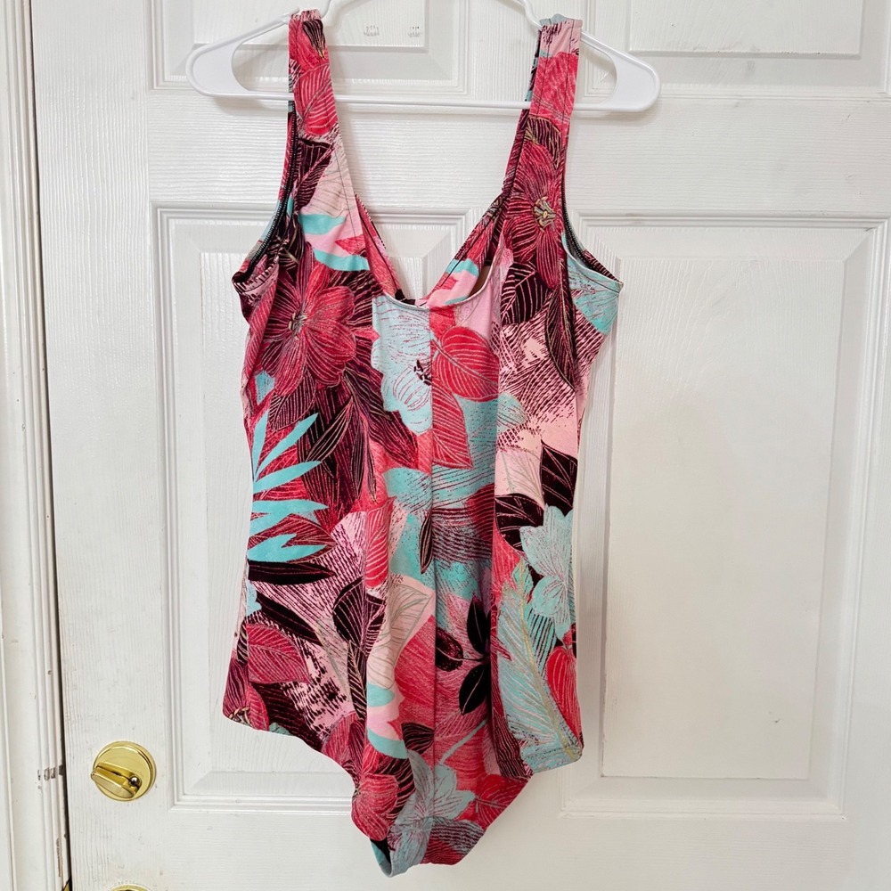Le Cove Womens Pink Teal Floral V-Neck One Piece Swimsuit Size 22W